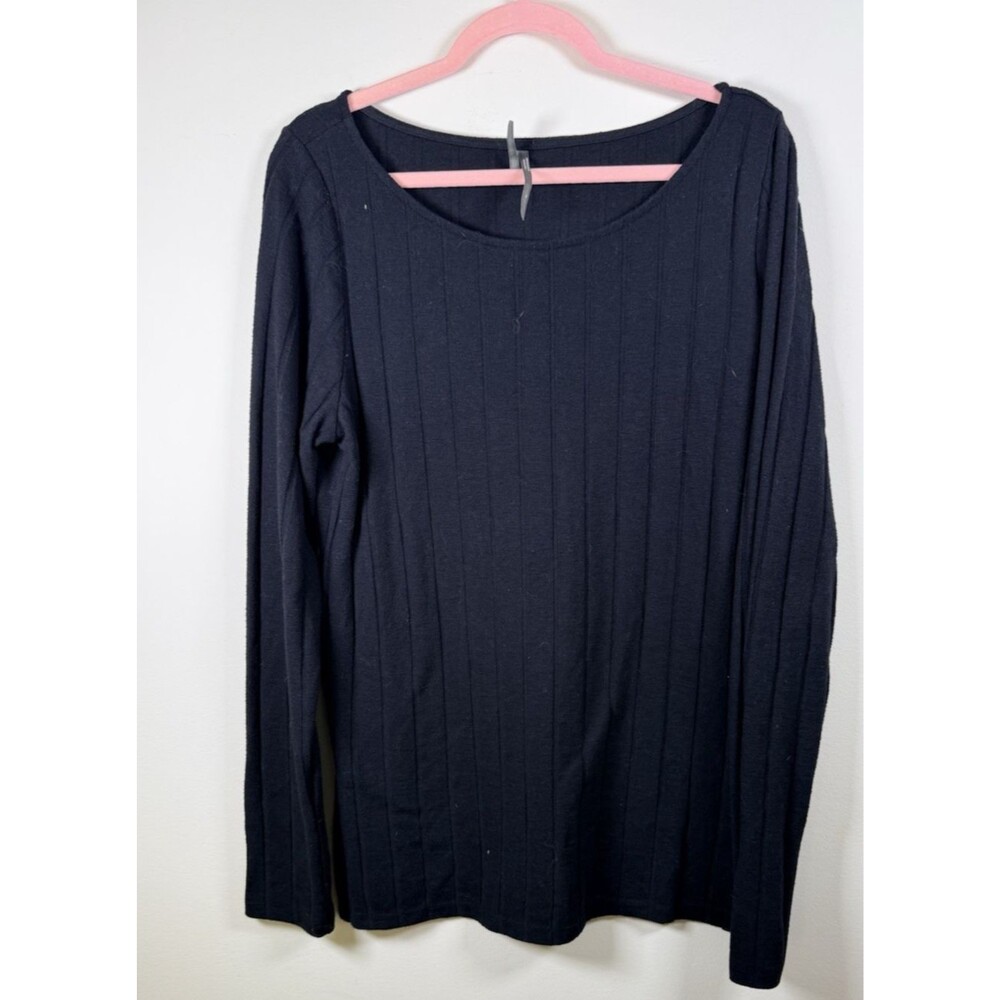 Anthropologie Womens Black Ribbed Scoop Neck Long Sleeve Top - XL